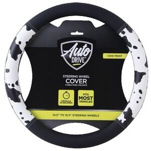 Auto Drive Black White Cow Print Faux Leather Steering Wheel Cover,  SUVs